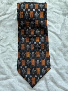 Mulberry Italian Silk Black & Orange Geometric Jacquard Tie